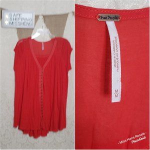 FREE PEOPLE ANTRHO RED OVERSIZE BUTTON TUNIC TOP